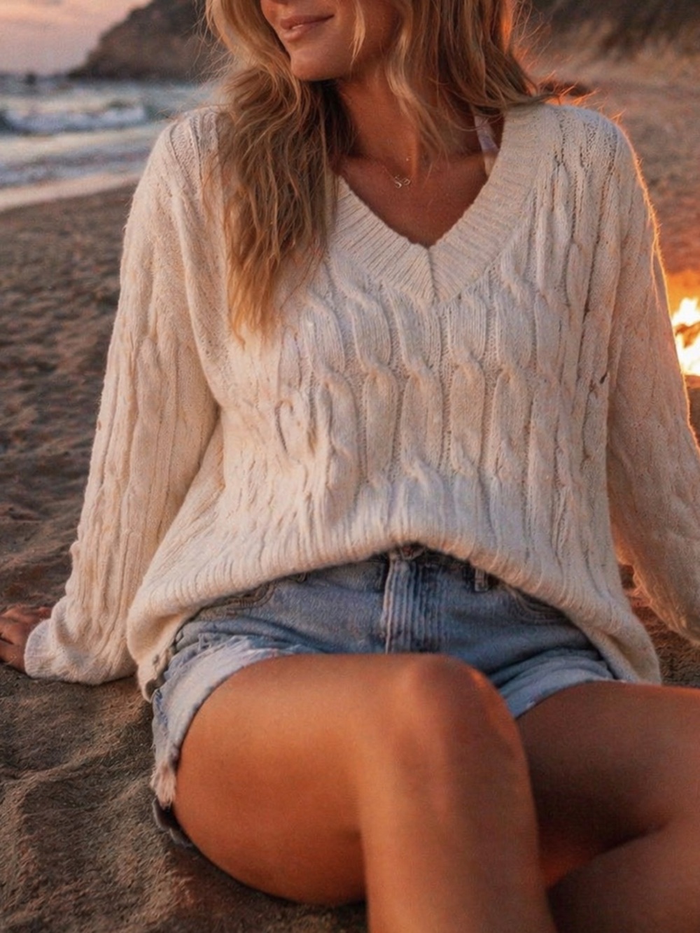 George Cream Cable Knit Sweater – Size XL Cozy Beach Bonfire Vibes Summer Layer